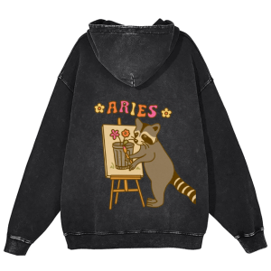 Unisex Casual Aries Raccoon Washed Hoodies